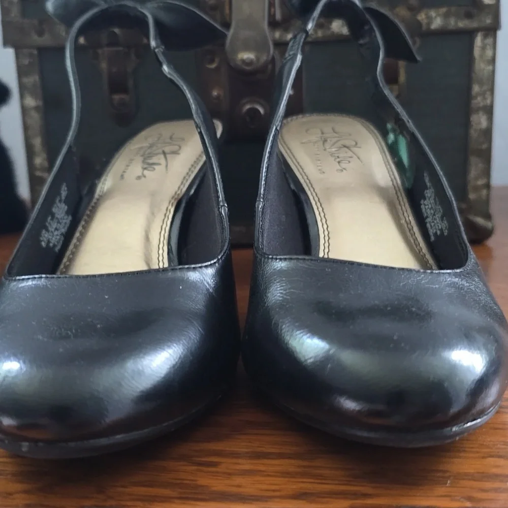 Parisian Black Bow Sling back Round Toe Vegan Leather Low Kitten Heel